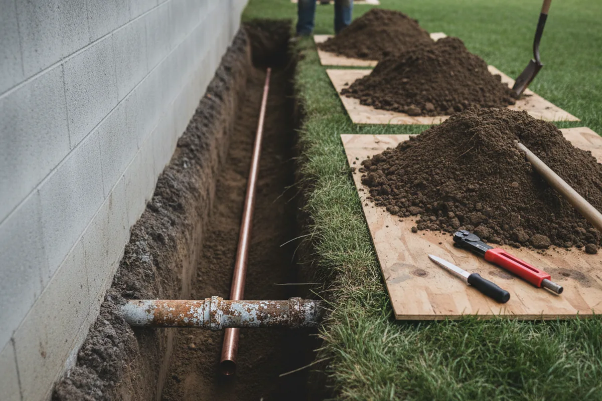 Excavated water line trench during Water Softener Installation in Paint Rock